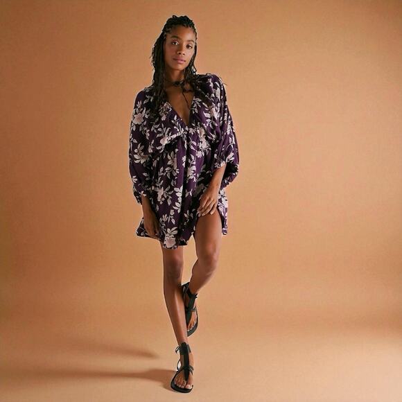 Free People Mini Dress Purple Floral Balloon Sleeve Deep V Neck Portia Large - Picture 1 of 8